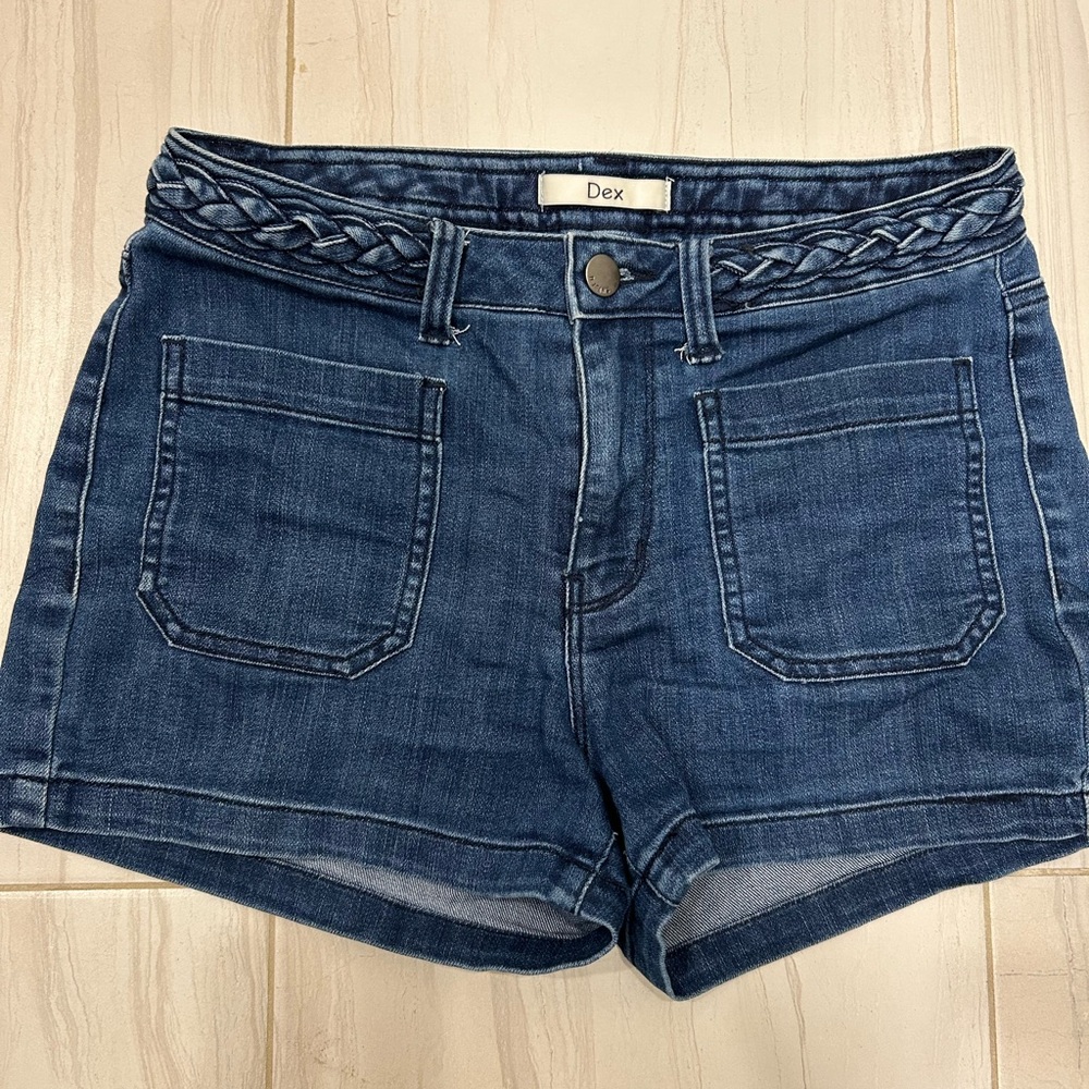 Dex Jean shorts with front patch pockets and braided belt. Size 28